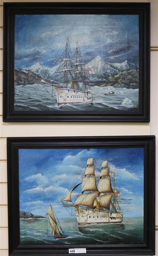 J D Mclean, pair of oils on canvas, HMS Triumph cruising off San Francisco, 1887 and Homeward Bound from Magellan Straits, 1888 43 x 55